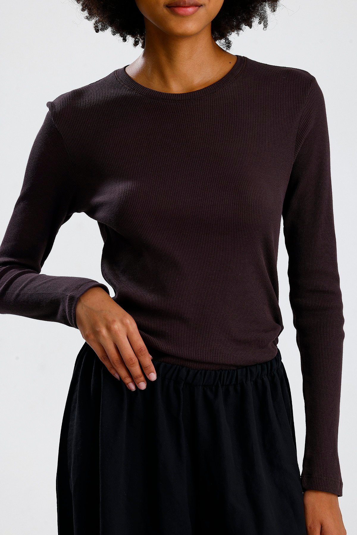 Kahve Uzun Kol Basic Tshirt