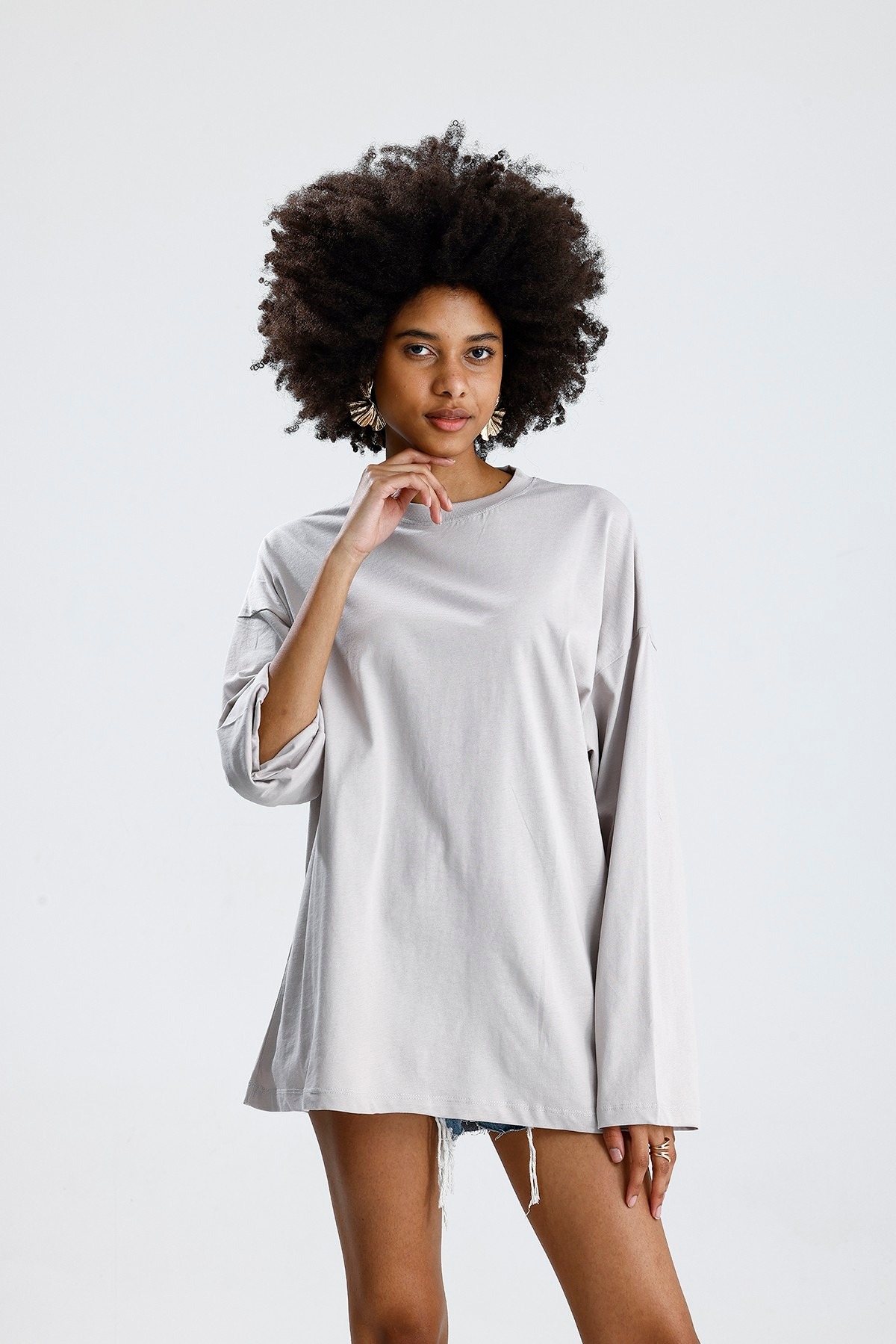 Oversize Gri Uzun Kollu Tshirt