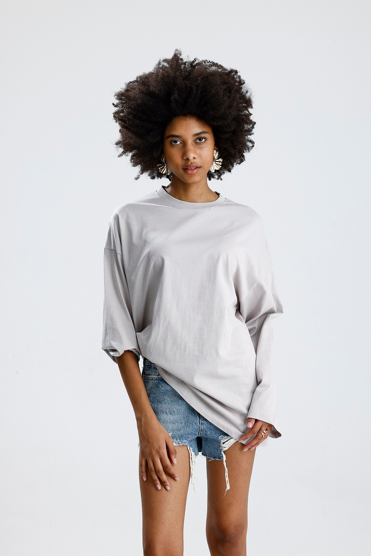 Oversize Gri Uzun Kollu Tshirt
