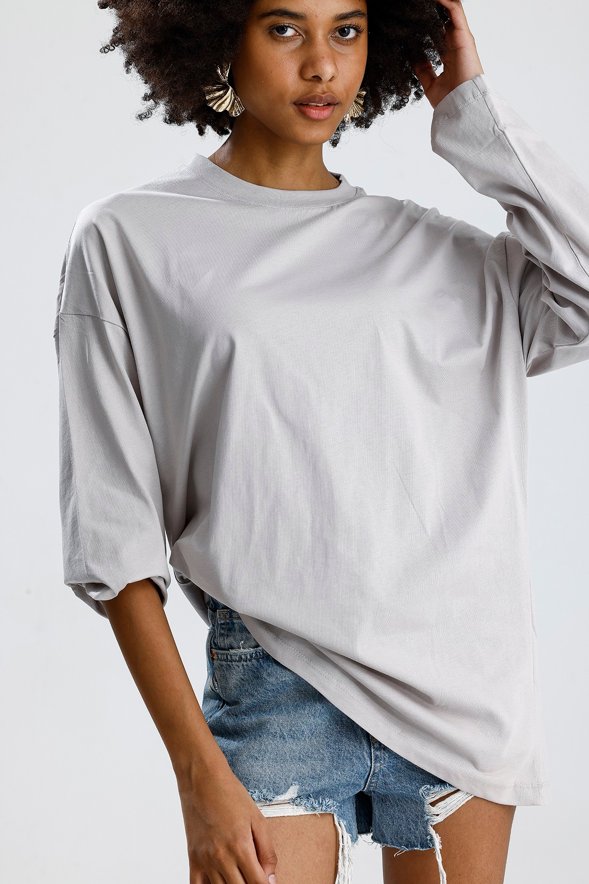 Oversize Gri Uzun Kollu Tshirt