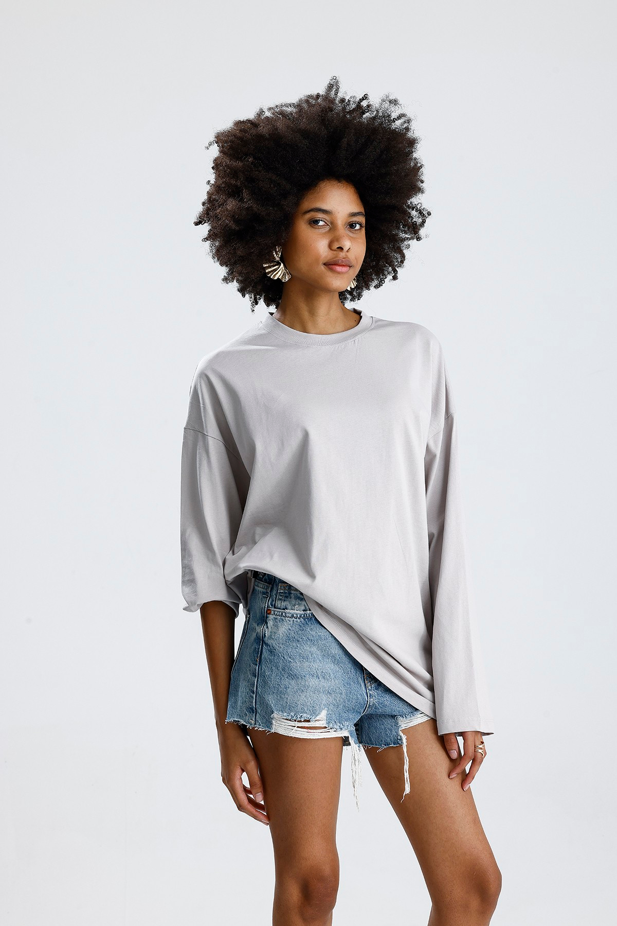Oversize Gri Uzun Kollu Tshirt