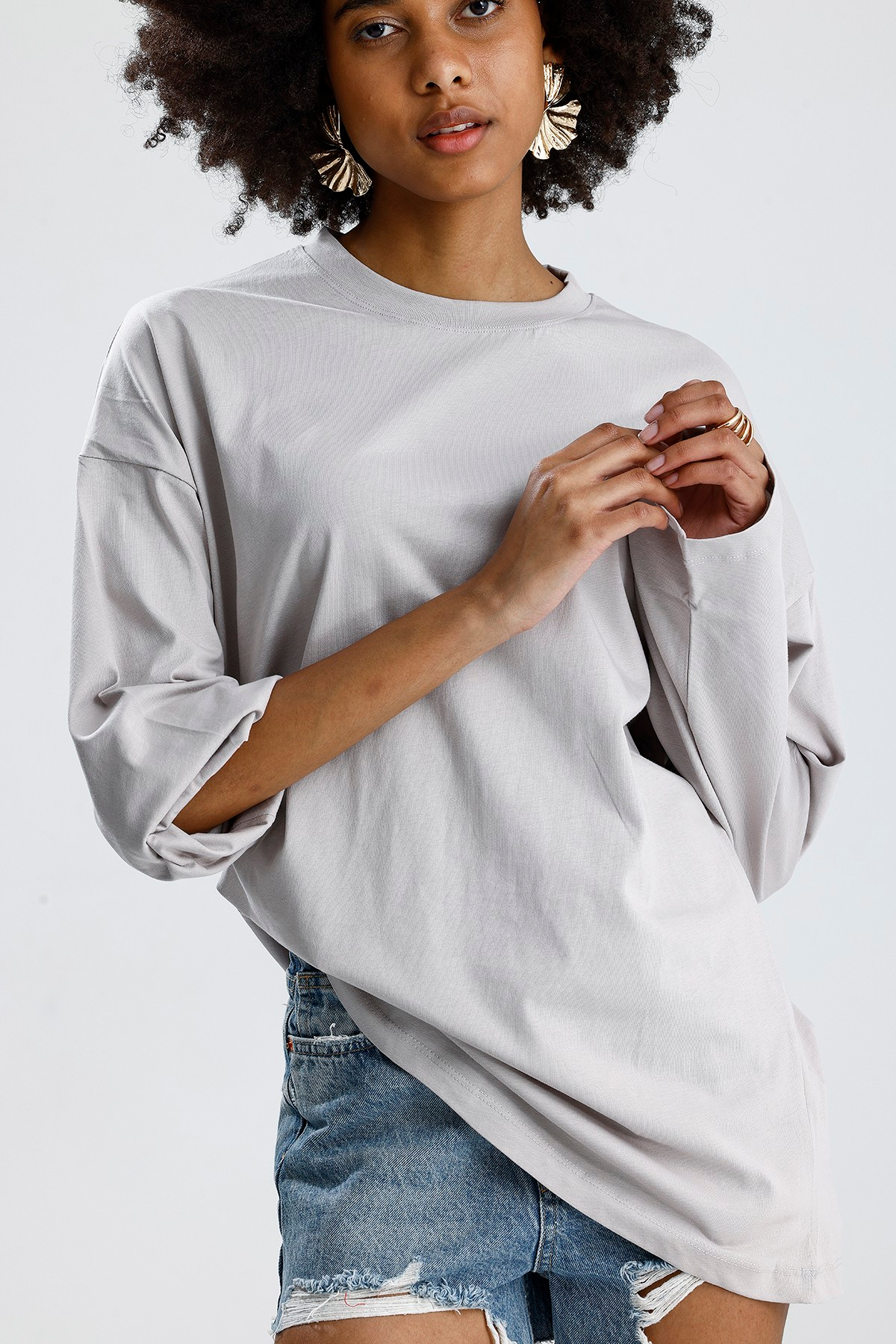 Oversize Gri Uzun Kollu Tshirt