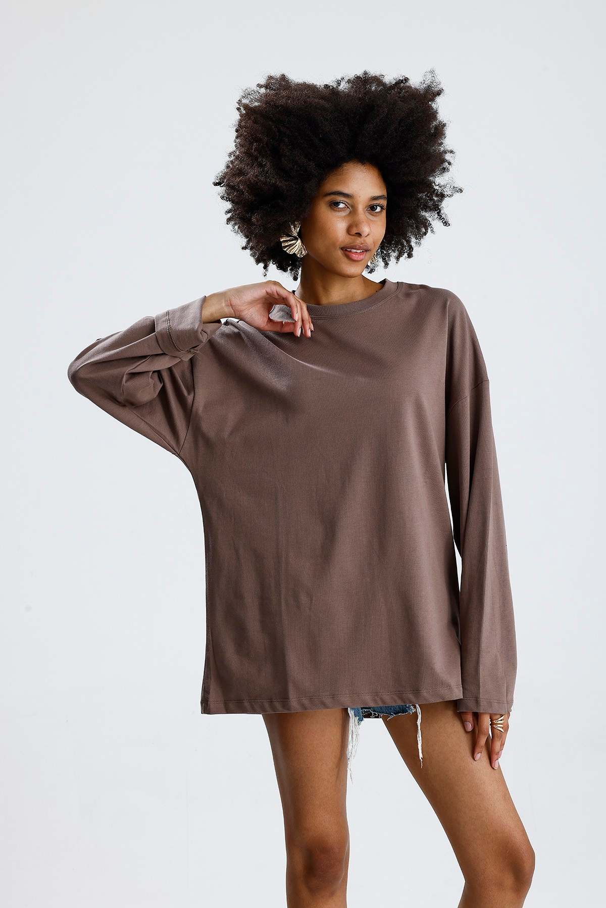 Oversize Kahve Uzun Kollu Tshirt