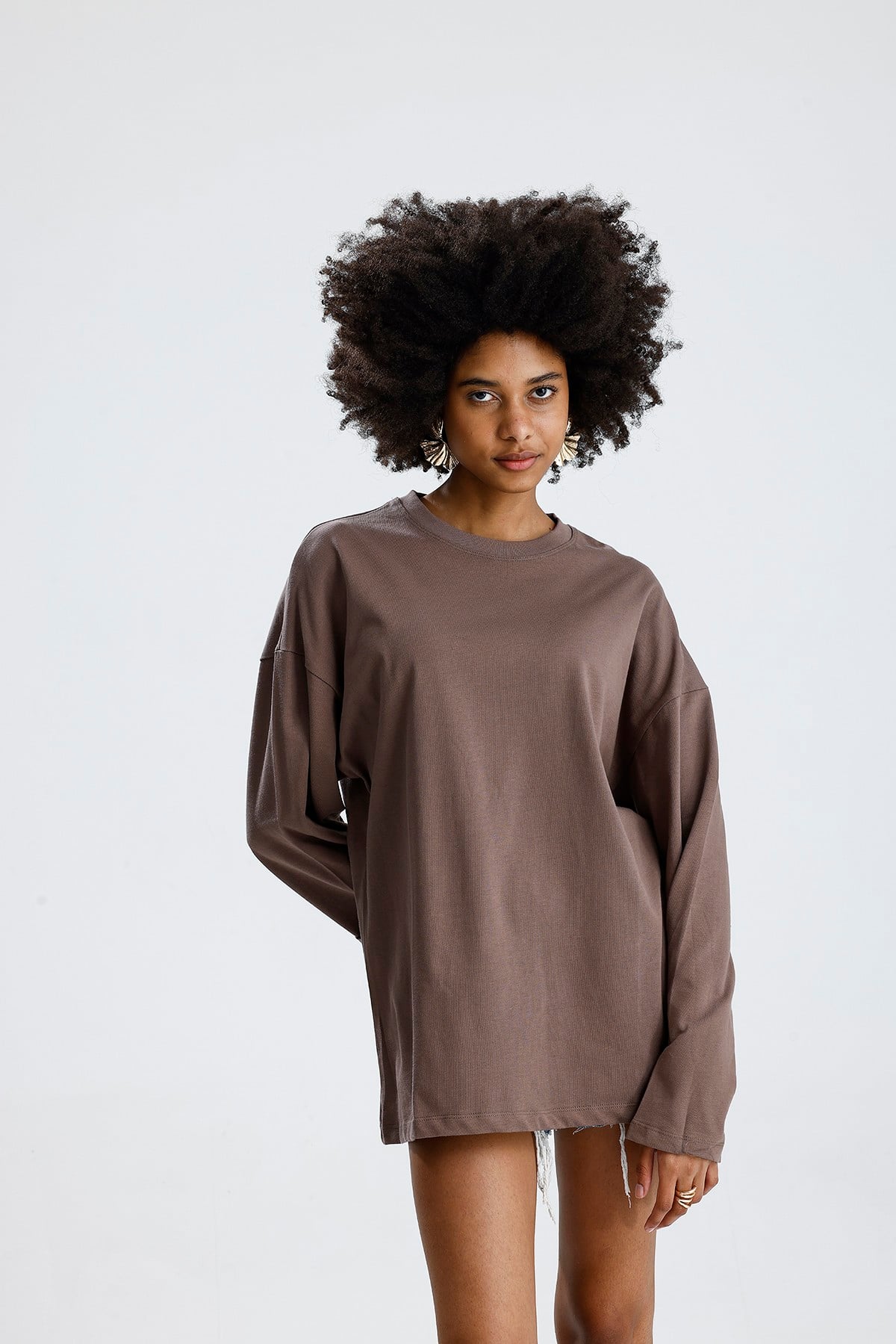 Oversize Kahve Uzun Kollu Tshirt