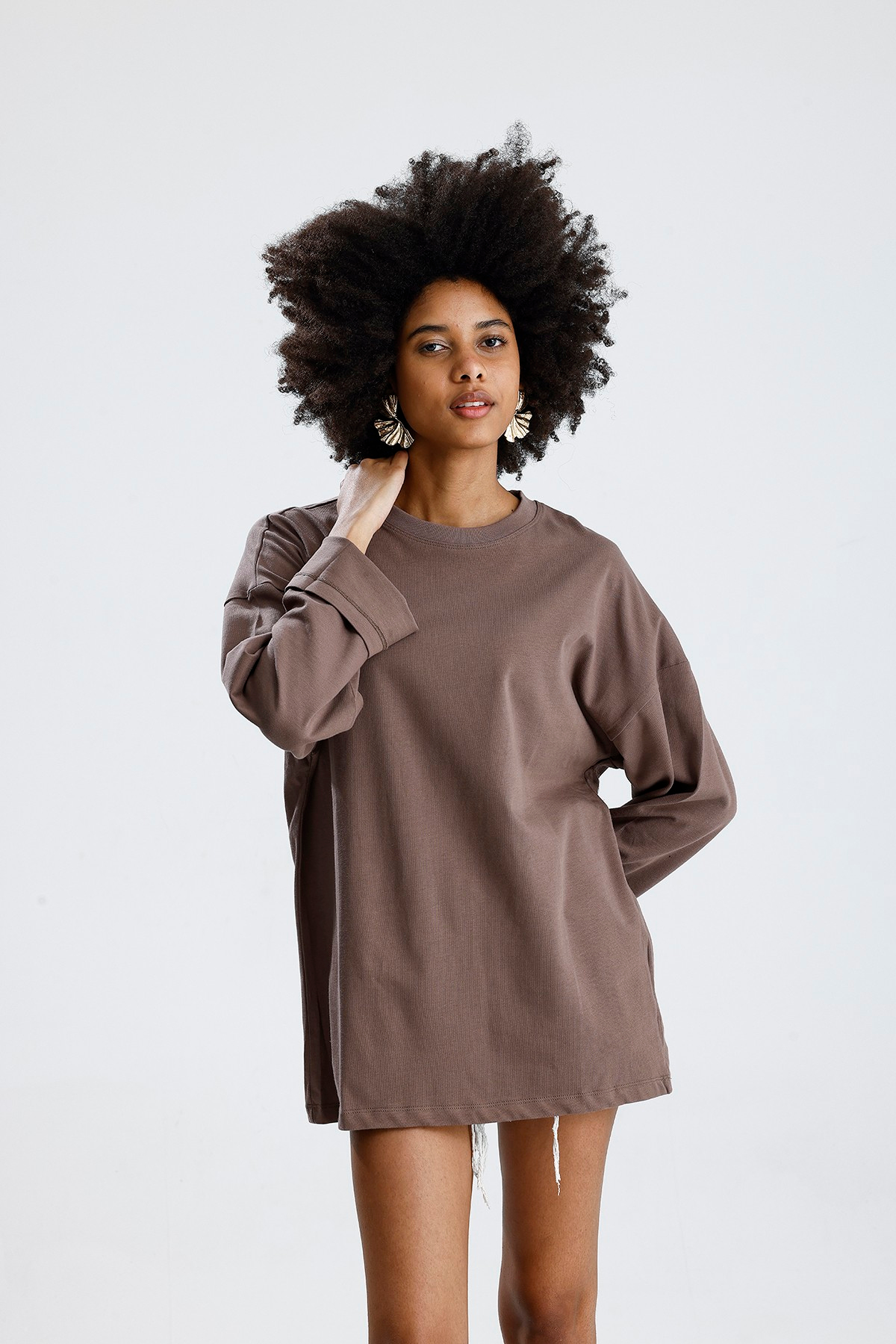Oversize Kahve Uzun Kollu Tshirt
