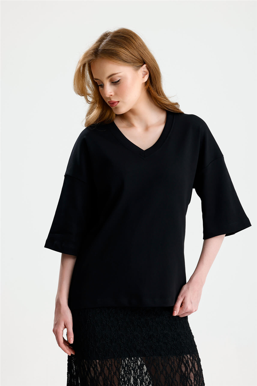 Siyah V Yaka Over Tshirt