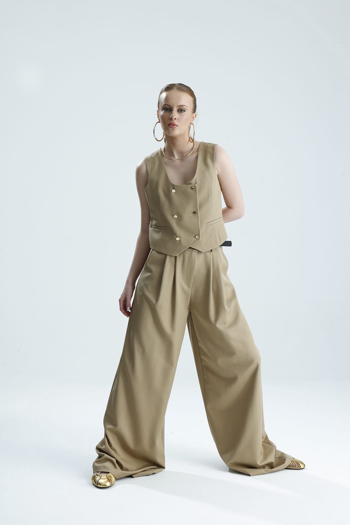 HİLA Palazzo Premium Bej Pantolon