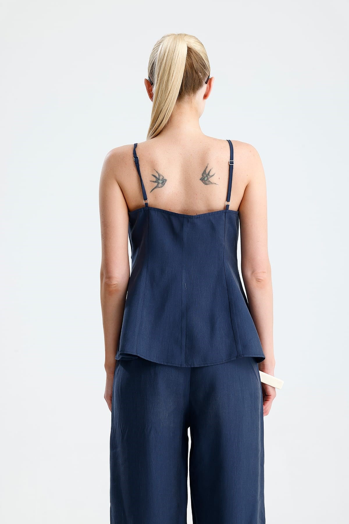 LAVANDA Ön Volanlı Bağcıklı Bluz Ve Pantolon İndigo Takım