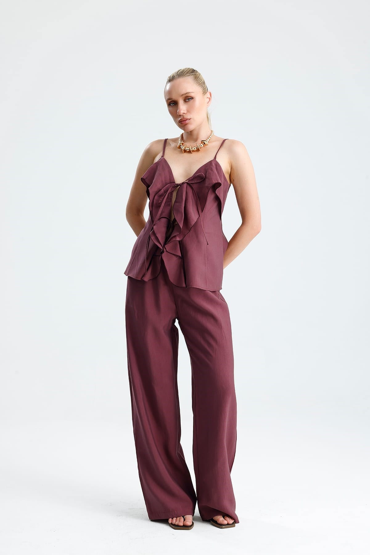 LAVANDA Ön Volanlı Bağcıklı Bluz Ve Pantolon Mürdüm Takım