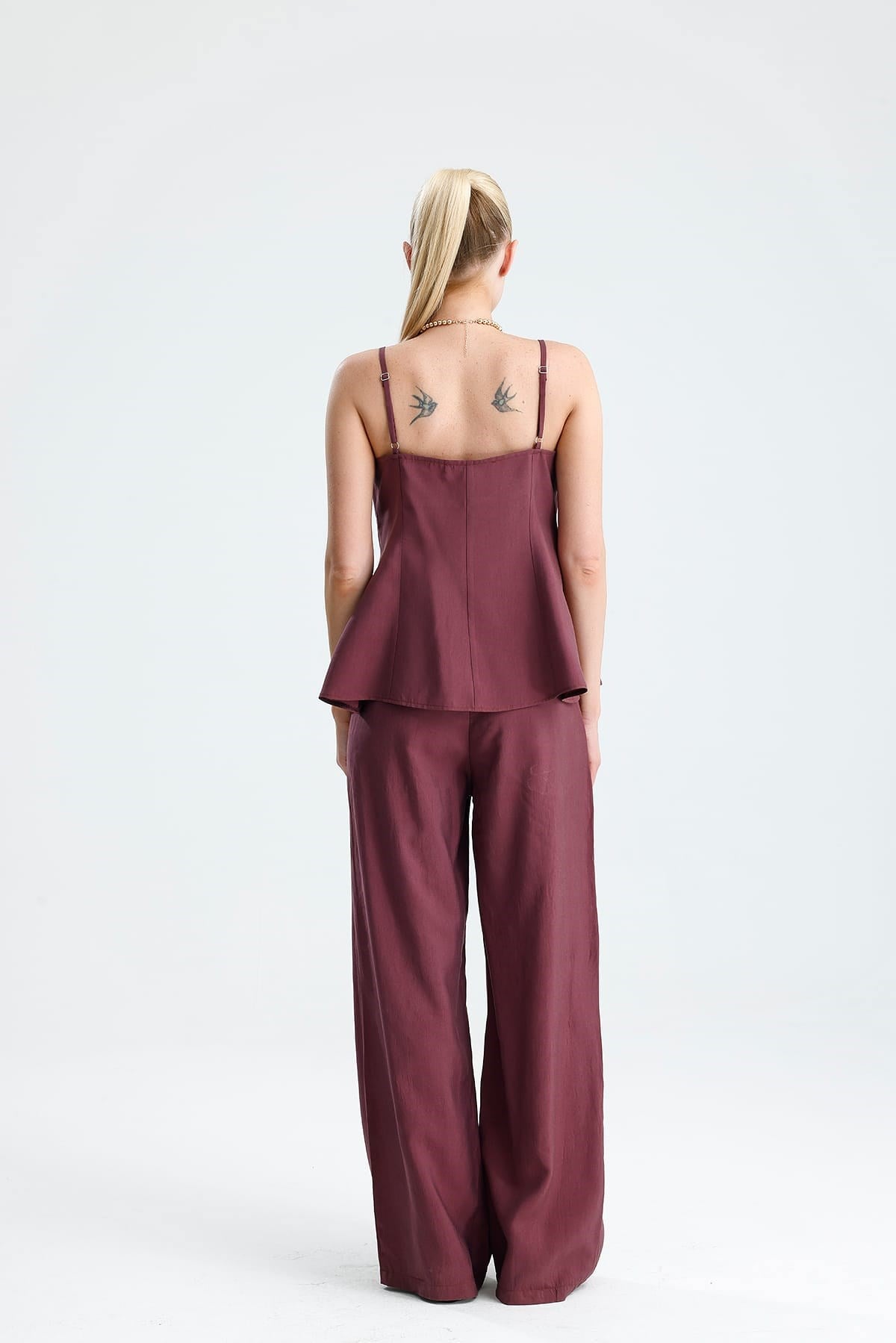 LAVANDA Ön Volanlı Bağcıklı Bluz Ve Pantolon Mürdüm Takım
