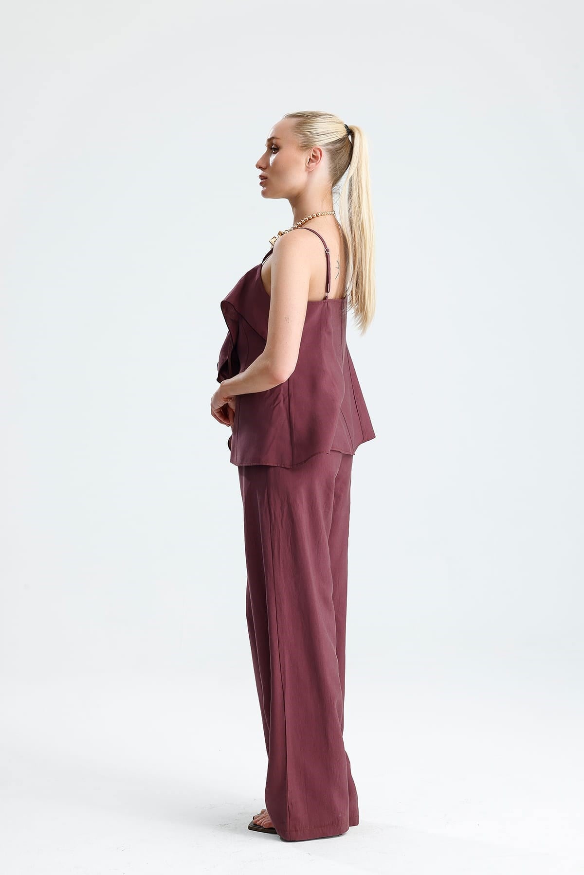 LAVANDA Ön Volanlı Bağcıklı Bluz Ve Pantolon Mürdüm Takım