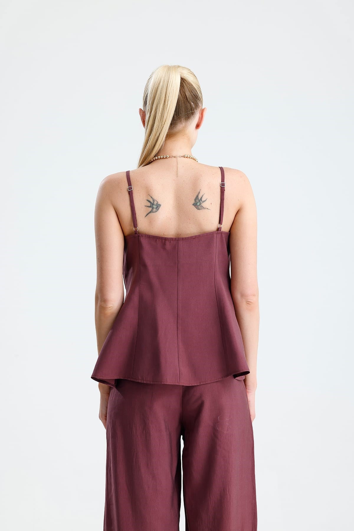 LAVANDA Ön Volanlı Bağcıklı Bluz Ve Pantolon Mürdüm Takım