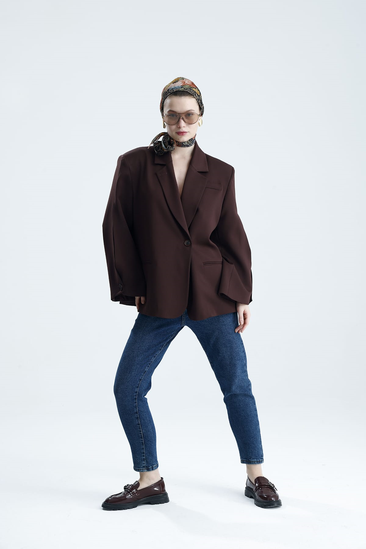 MANAROLA Oversize Dark Bordo Blazer Ceket - Açık/Kesik Kol Detaylı
