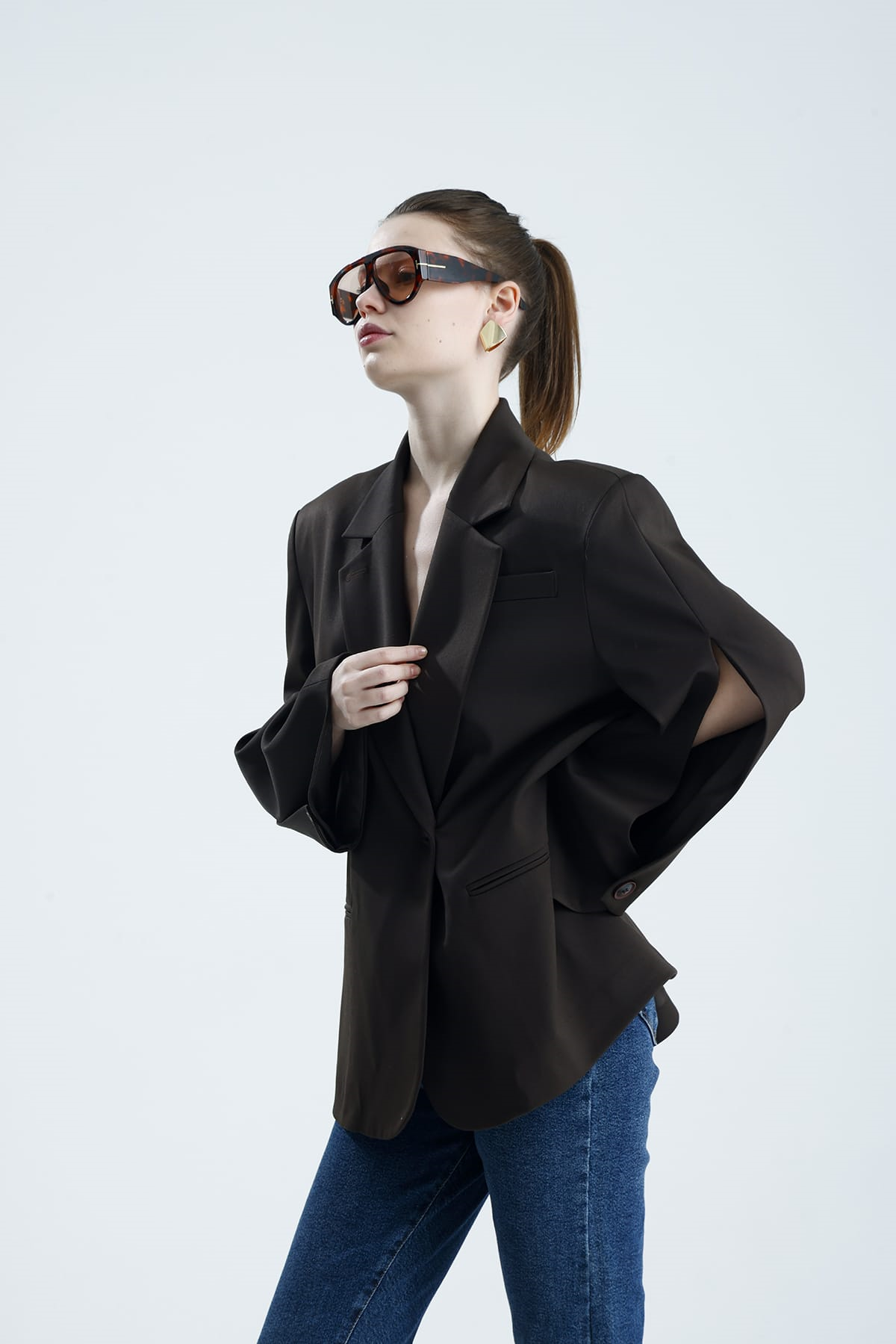 MANAROLA Oversize Kahverengi  Blazer Ceket - Açık/Kesik Kol Detaylı