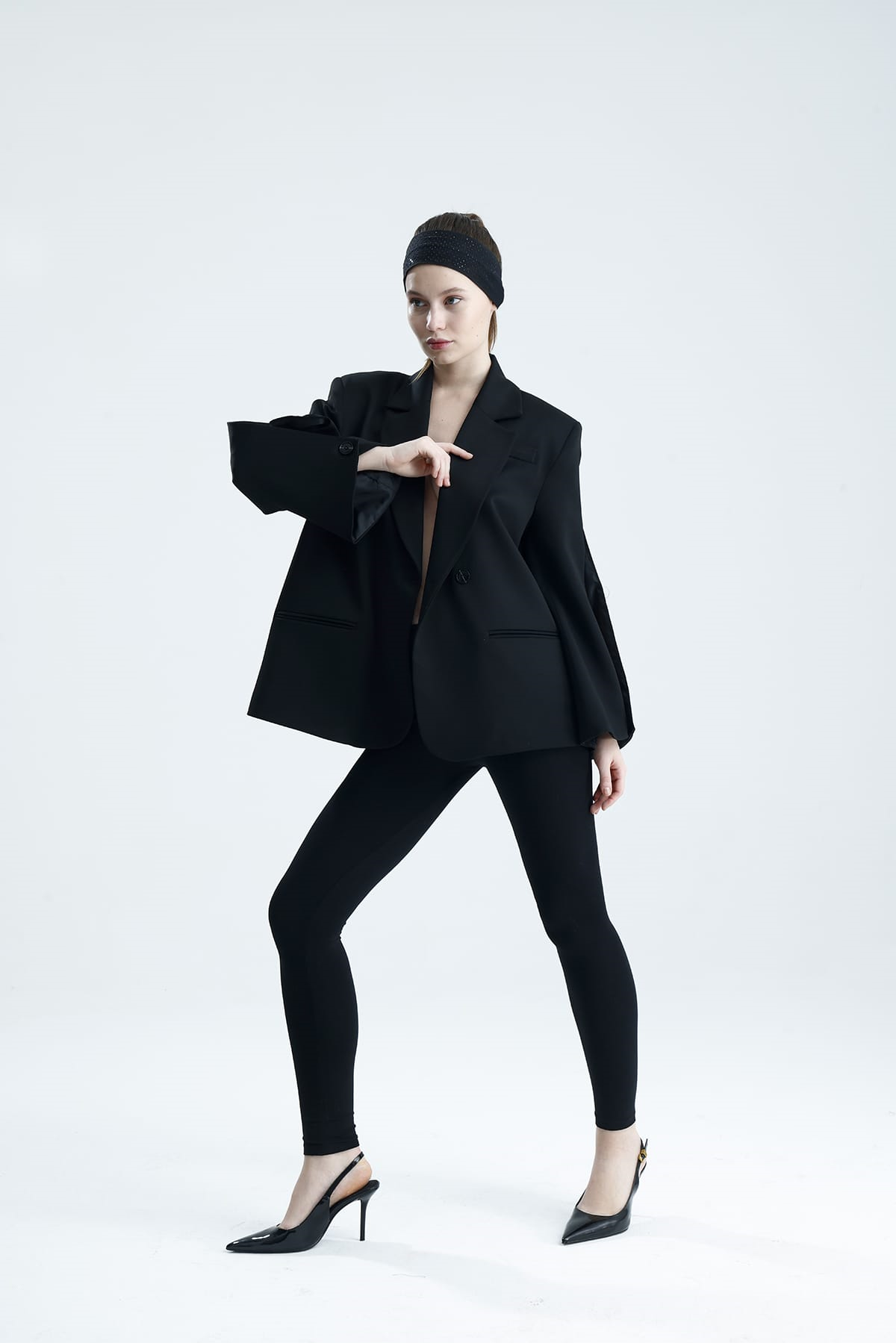 MANAROLA Oversize Siyah Blazer Ceket - Açık/Kesik Kol Detaylı