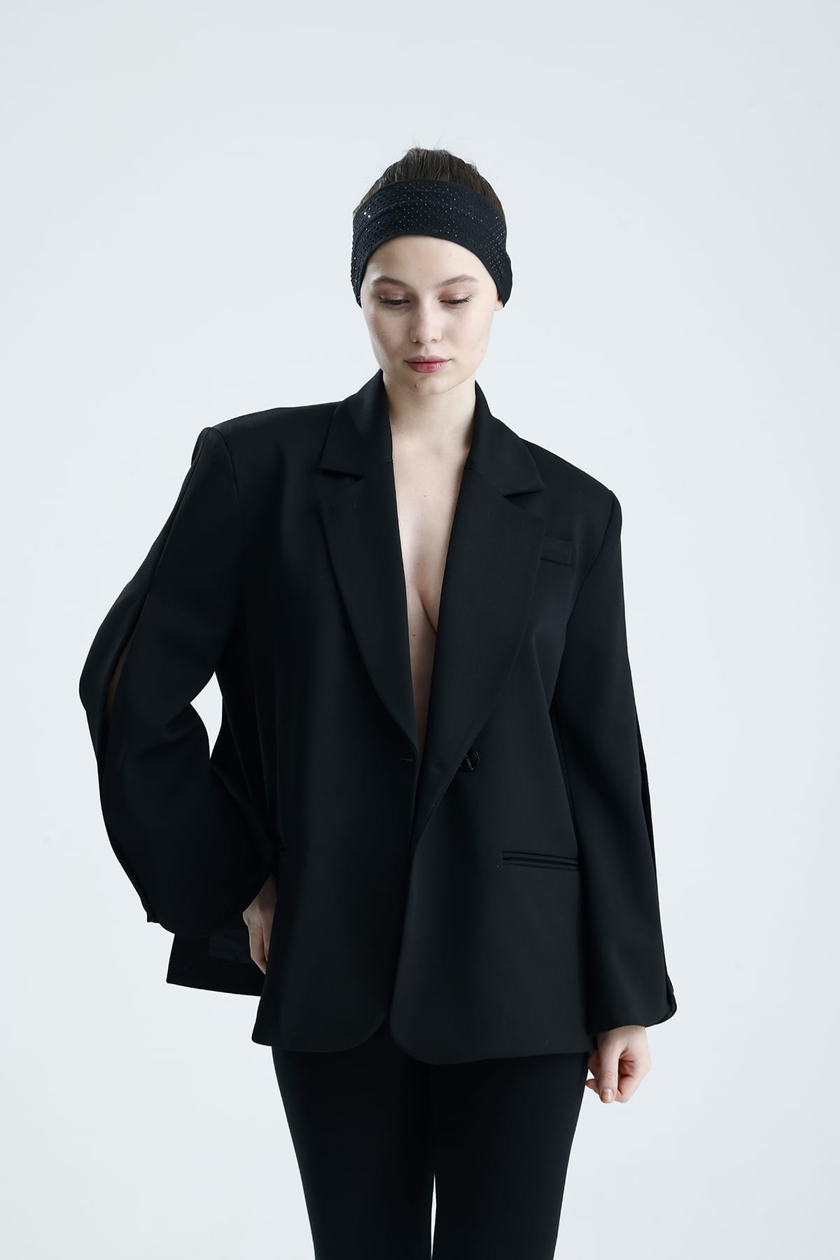 MANAROLA Oversize Siyah Blazer Ceket - Açık/Kesik Kol Detaylı