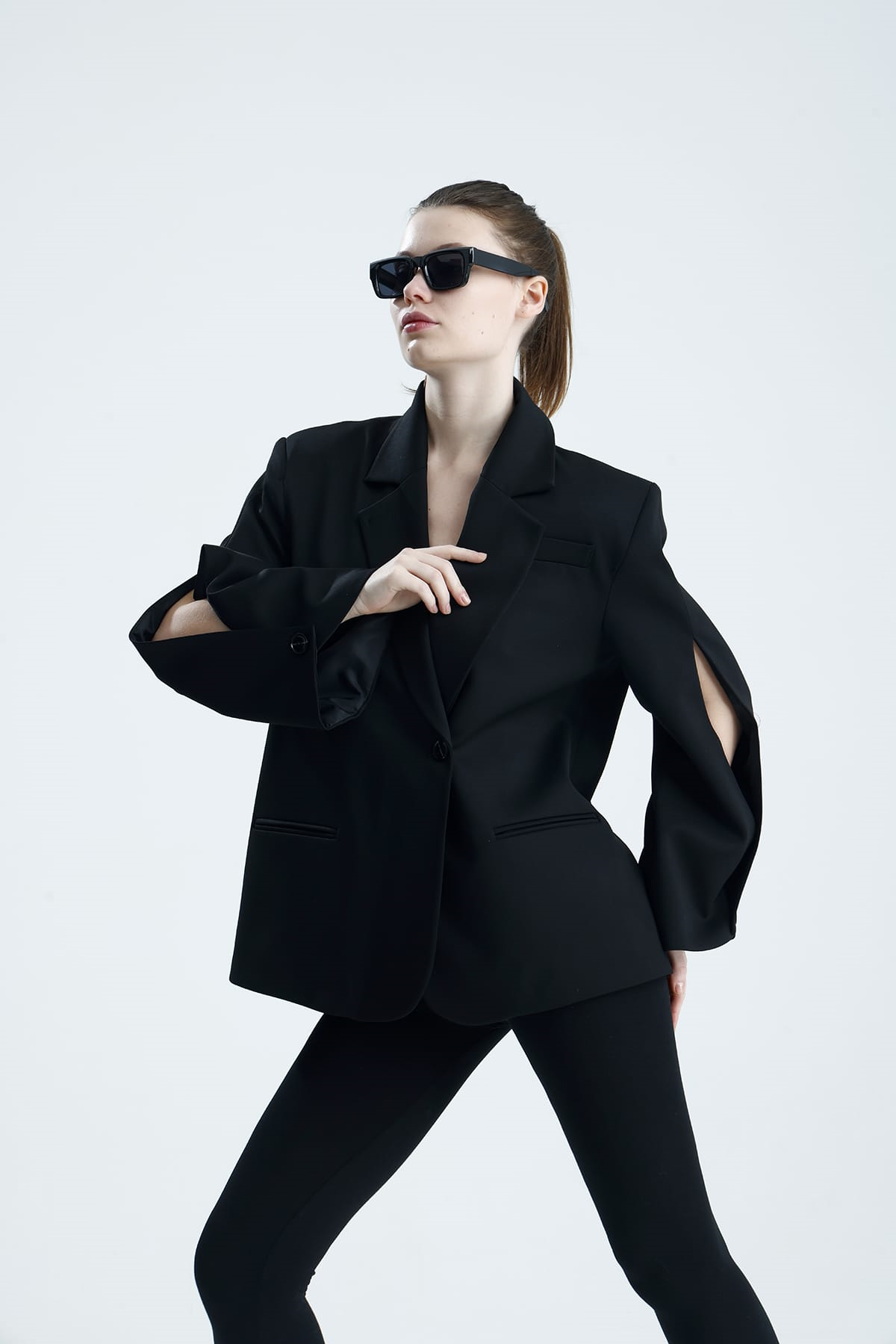 MANAROLA Oversize Siyah Blazer Ceket - Açık/Kesik Kol Detaylı