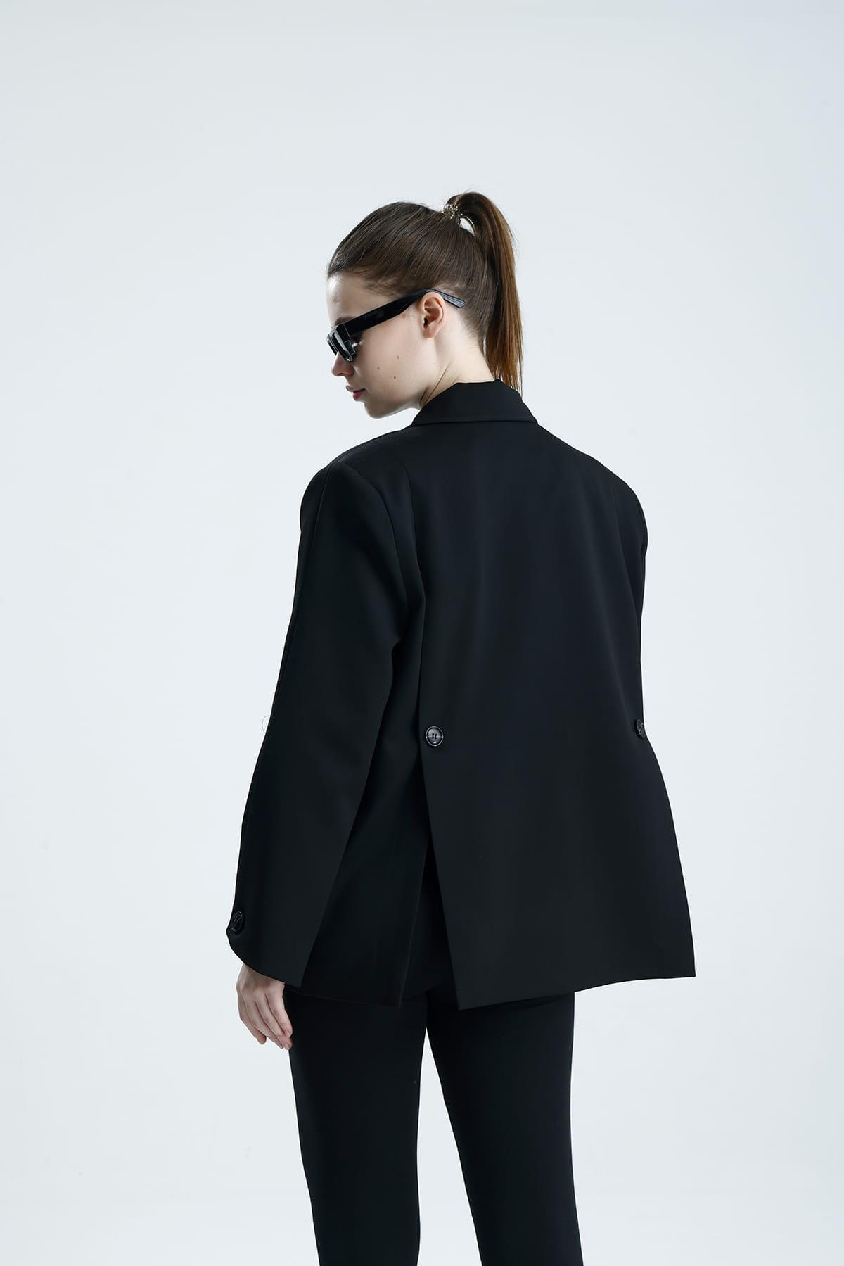 MANAROLA Oversize Siyah Blazer Ceket - Açık/Kesik Kol Detaylı
