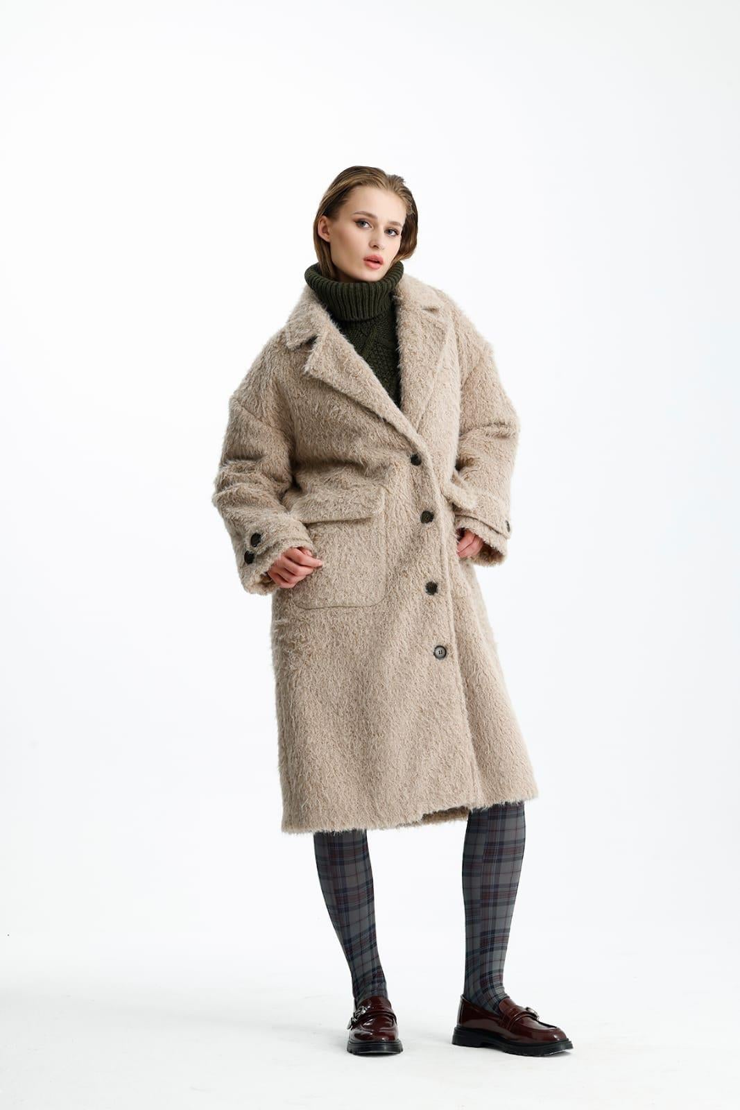 NİNOVA Teddy Bej Oversize Uzun Kaban