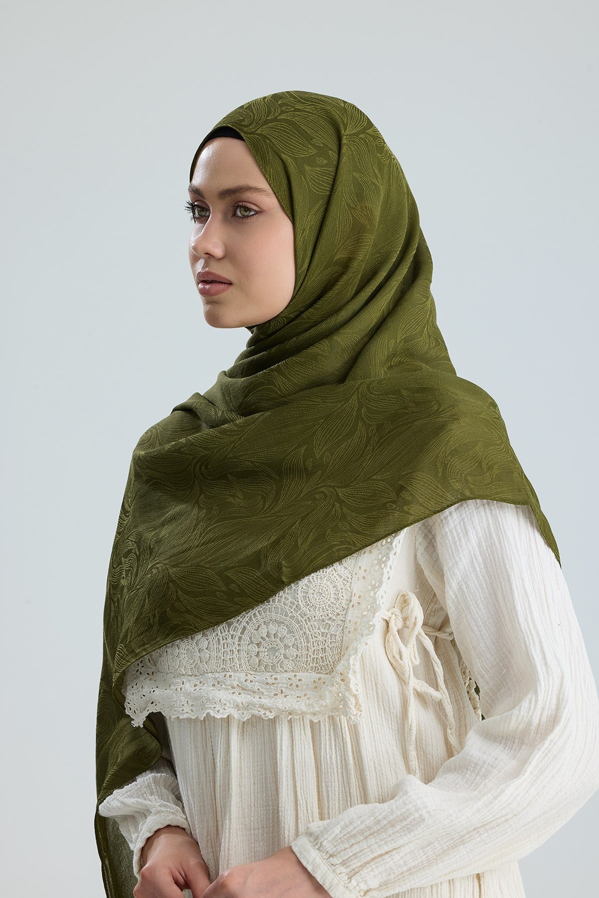 Lace of Leaves Collection- Laurel Green / Floş Pamuk Şal