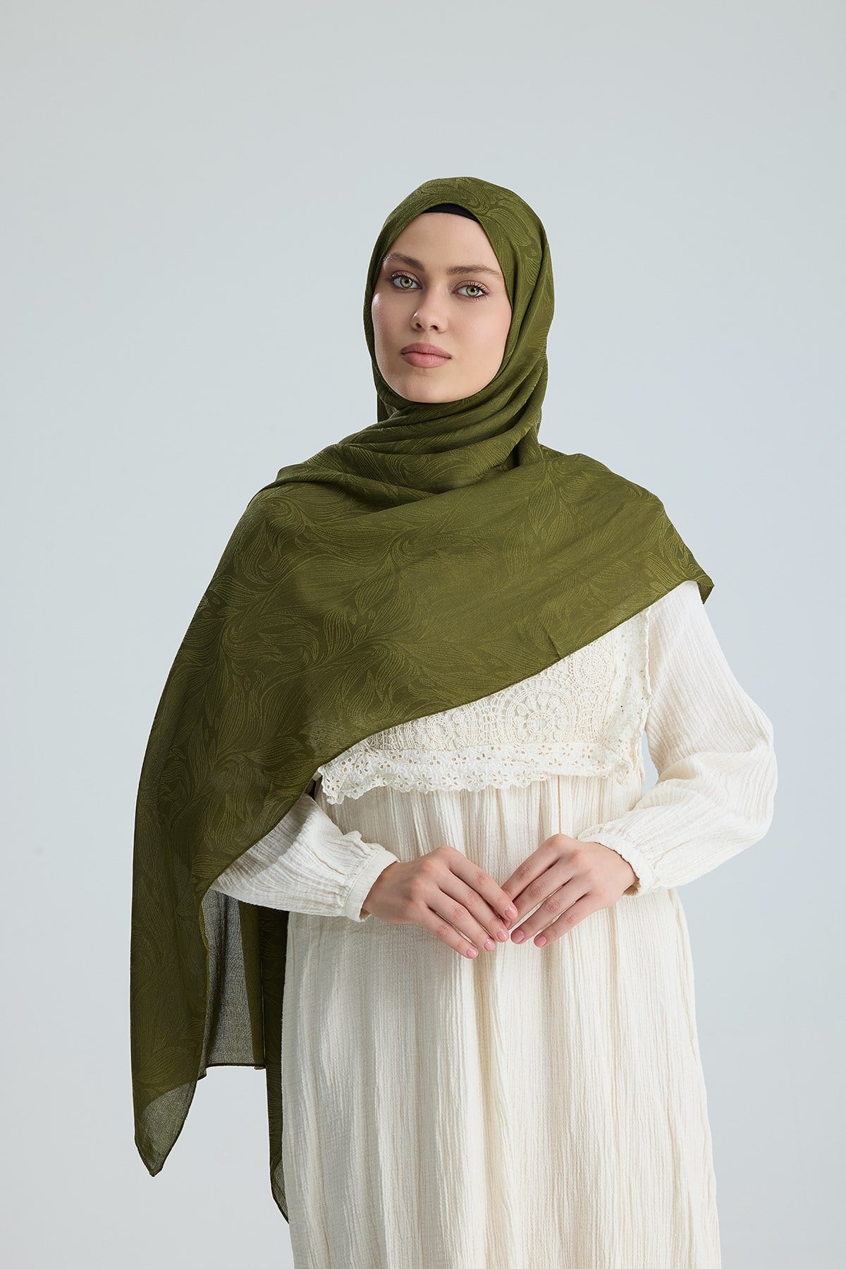 Lace of Leaves Collection- Laurel Green / Floş Pamuk Şal