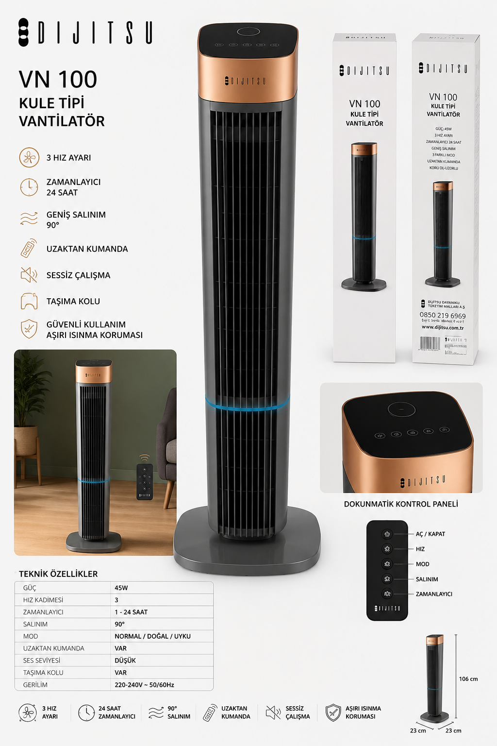 DIJITSU VN100 Kule Tipi Vantilatör 45W Uzaktan Kumandalı LED Ekranlı