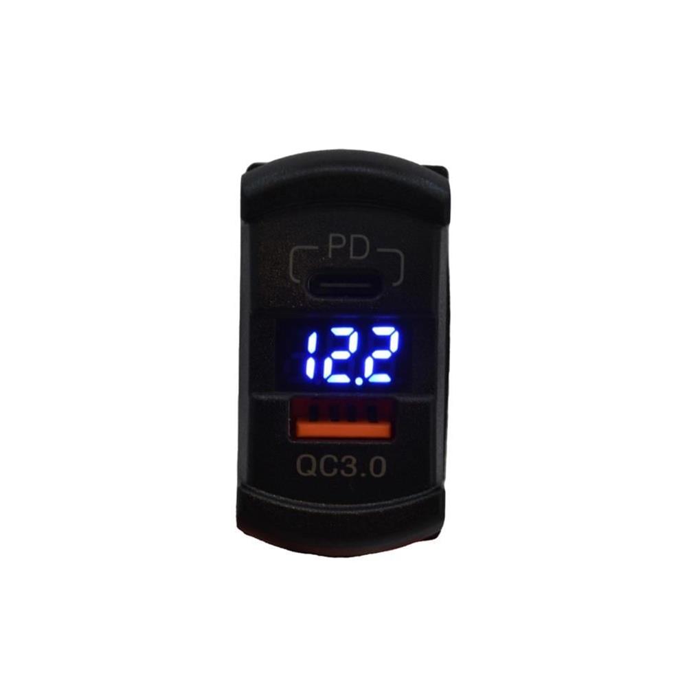 12V 24V DC USB QC3.0 Type-C PD Şarj Port Voltmetreli Dikdörtgen