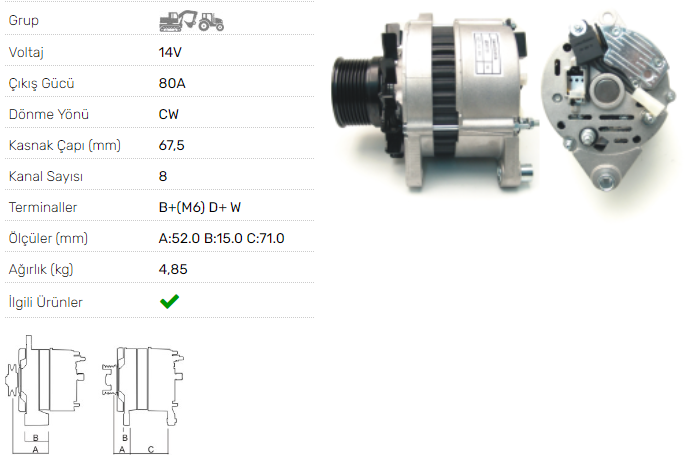 ALTERNATÖR 14V-80A TURK TRAKTOR 8 KANAL