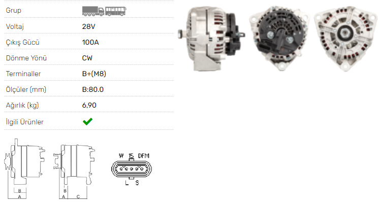 ALTERNATOR 28V-100A MERCEDES BENZ ACTROS 1840,20362041,2032,1831,1832,1835,1836,...-AXOR 4160,1835..