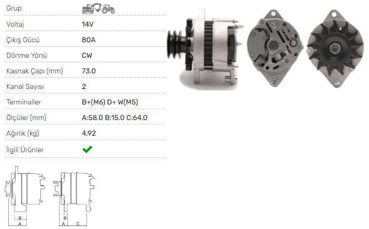 ALTERNATÖR A127-12V-80A TÜMOSON