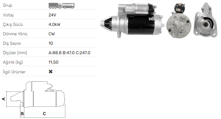 MARŞ MOTORU 24V-3,5kw-10DİŞ 3M113 BMC PRO 617-620(619 240 36-619 240 46 yerine)