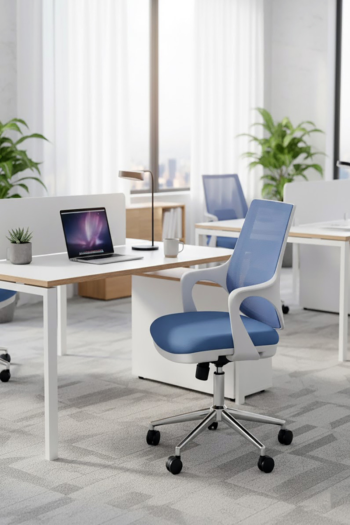 Ofisbazaar Buya Beyaz Fileli Çalışma Koltuğu | Ergonomik Şef ve Toplantı Koltuğu Açık Mavi