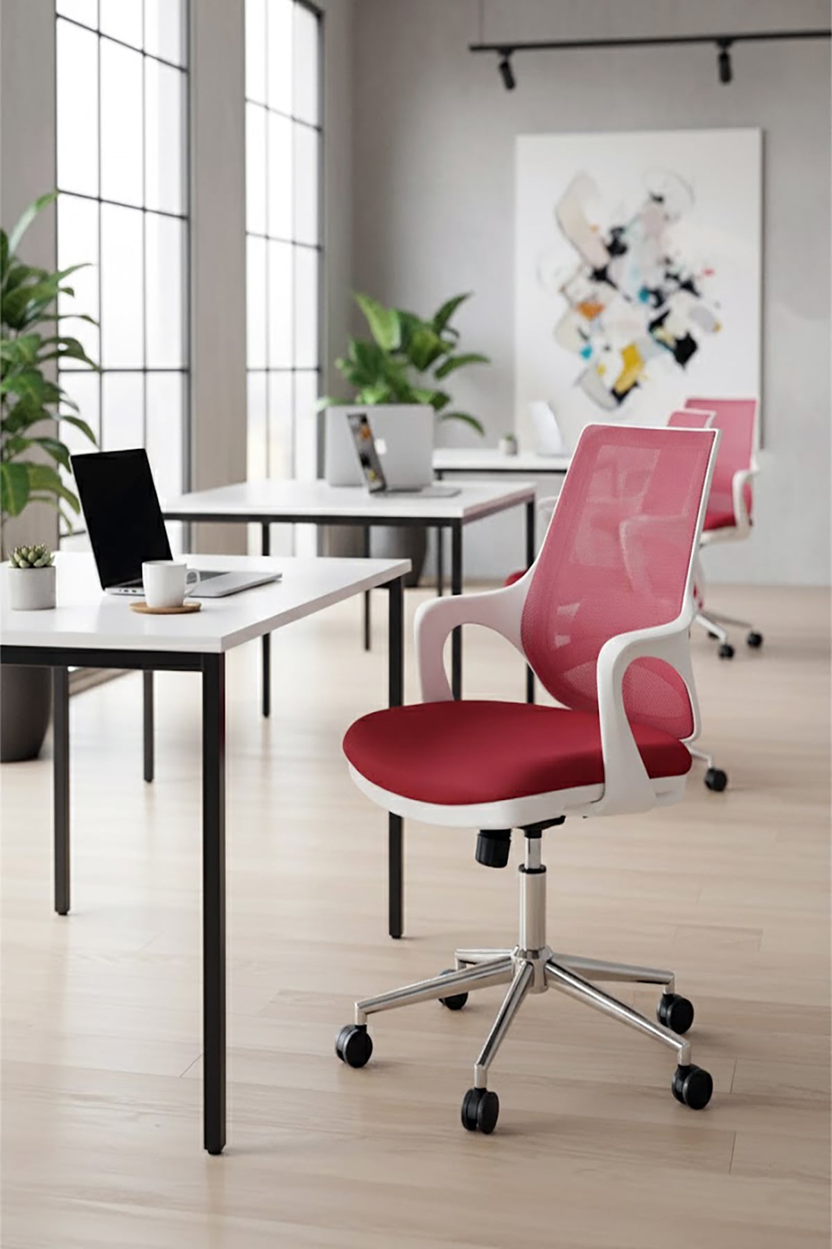 Ofisbazaar Buya Beyaz Fileli Çalışma Koltuğu | Ergonomik Şef ve Toplantı Koltuğu Kırmızı