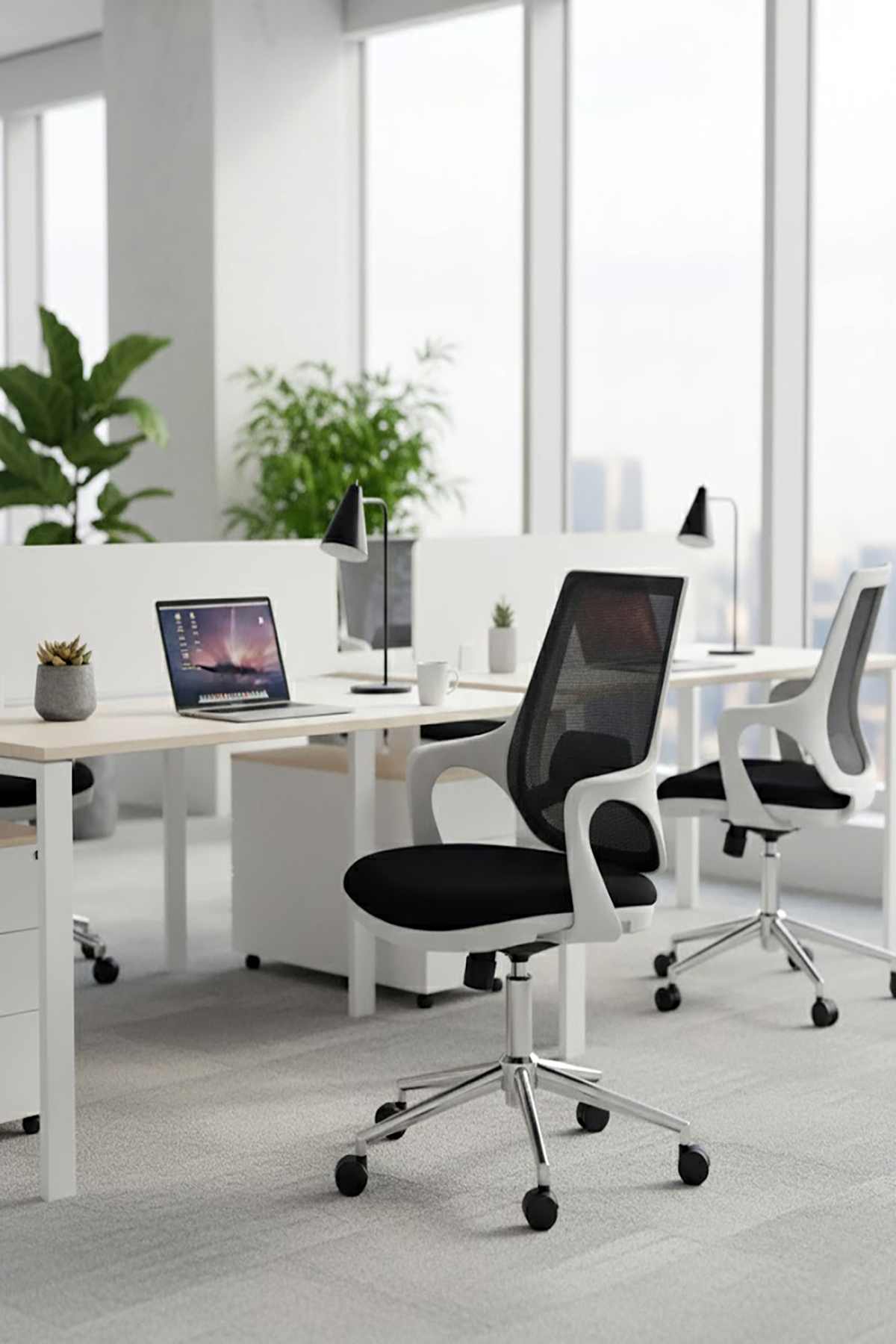 Ofisbazaar Buya Beyaz Fileli Çalışma Koltuğu | Ergonomik Şef ve Toplantı Koltuğu Siyah Fileli