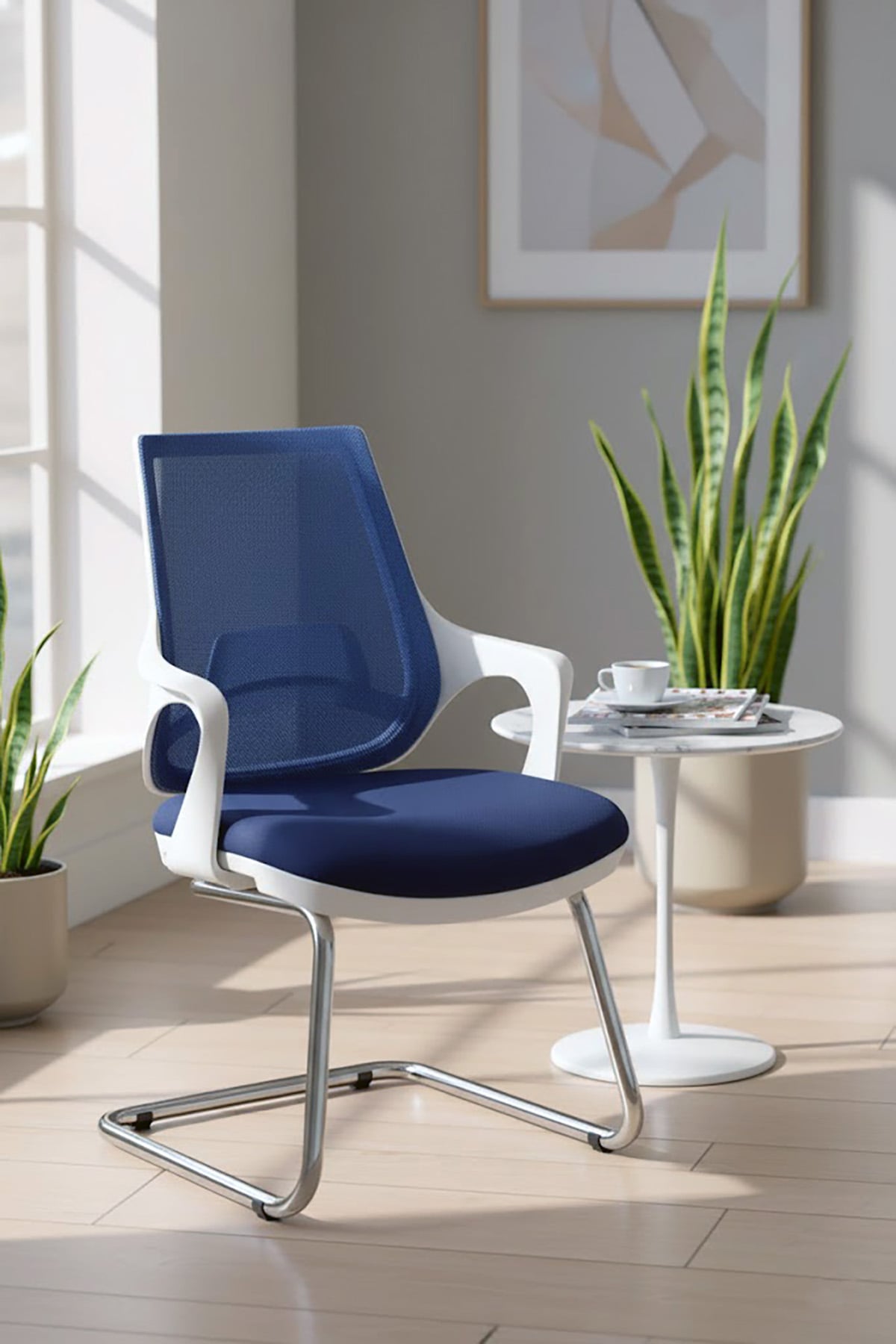 Ofisbazaar Buya Beyaz Fileli Misafir Koltuğu | Ergonomik Toplantı ve Bekleme Koltuğu Lacivert