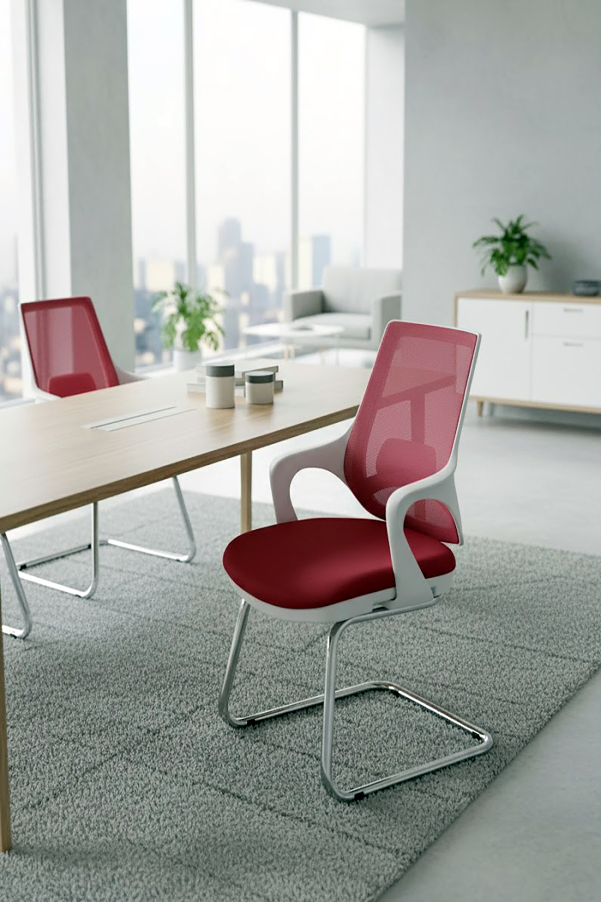 Ofisbazaar Buya Beyaz Fileli Misafir Koltuğu | Ergonomik Toplantı ve Bekleme Koltuğu Kırmızı