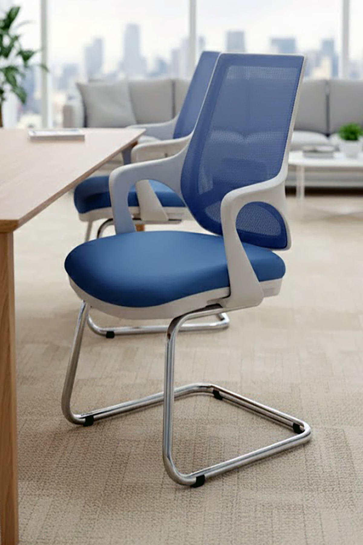 Ofisbazaar Buya Beyaz Fileli Misafir Koltuğu | Ergonomik Toplantı ve Bekleme Koltuğu Açık Mavi