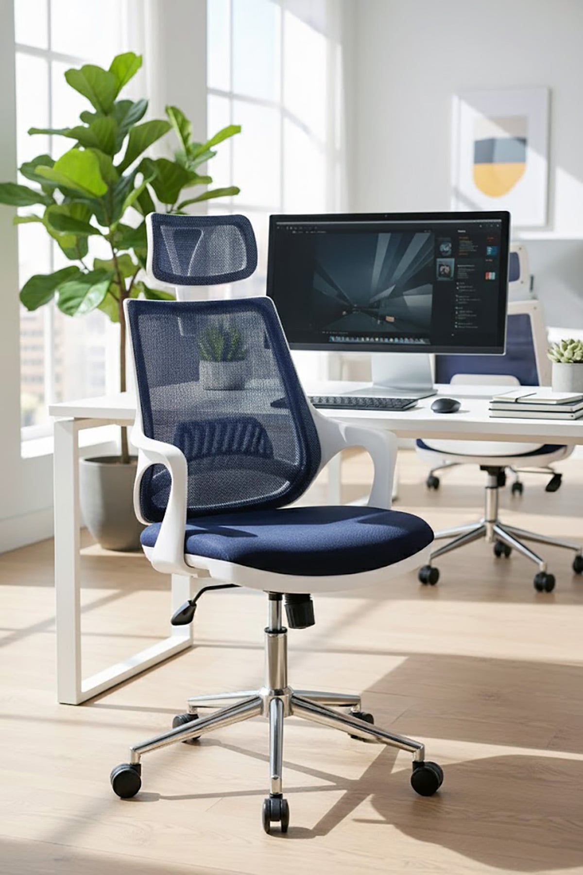 Ofisbazaar Buya Beyaz Fileli Ofis Koltuğu | Ergonomik ve Modern Tasarım Lacivert