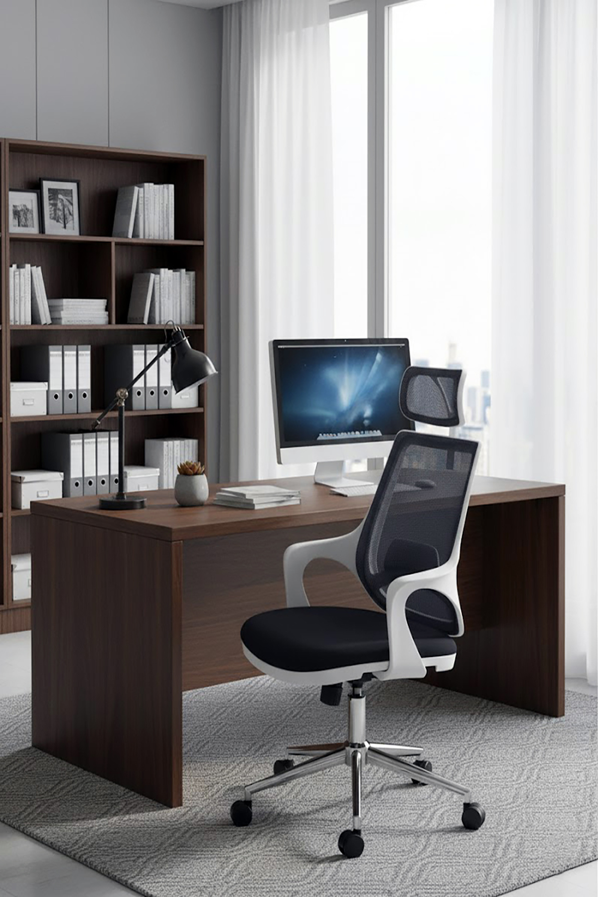 Ofisbazaar Buya Beyaz Fileli Ofis Koltuğu | Ergonomik ve Modern Tasarım Siyah Fileli