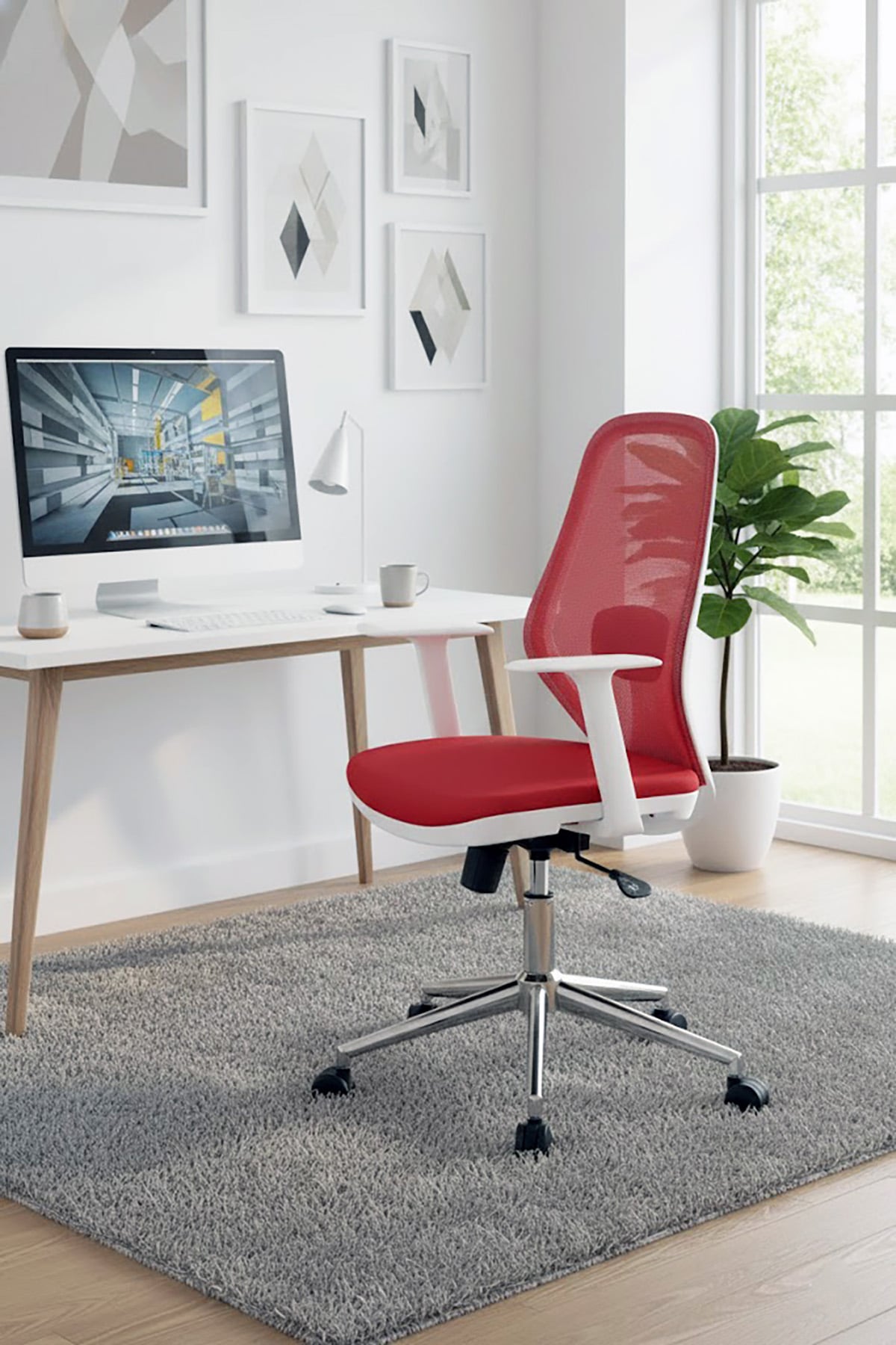 Ofisbazaar Dali Beyaz Fileli Çalışma Koltuğu | Ergonomik Şef ve Toplantı Koltuğu Kırmızı