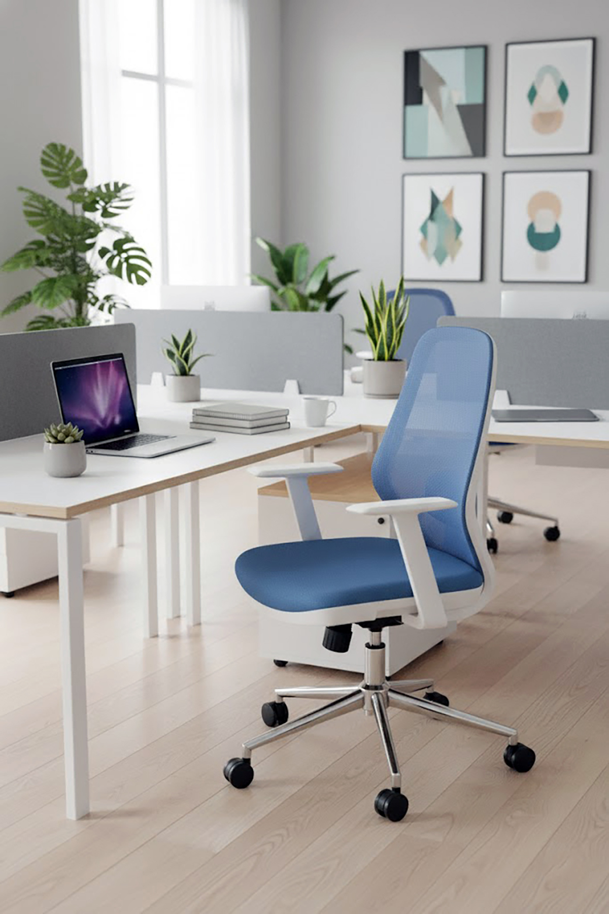 Ofisbazaar Dali Beyaz Fileli Çalışma Koltuğu | Ergonomik Şef ve Toplantı Koltuğu Açık Mavi