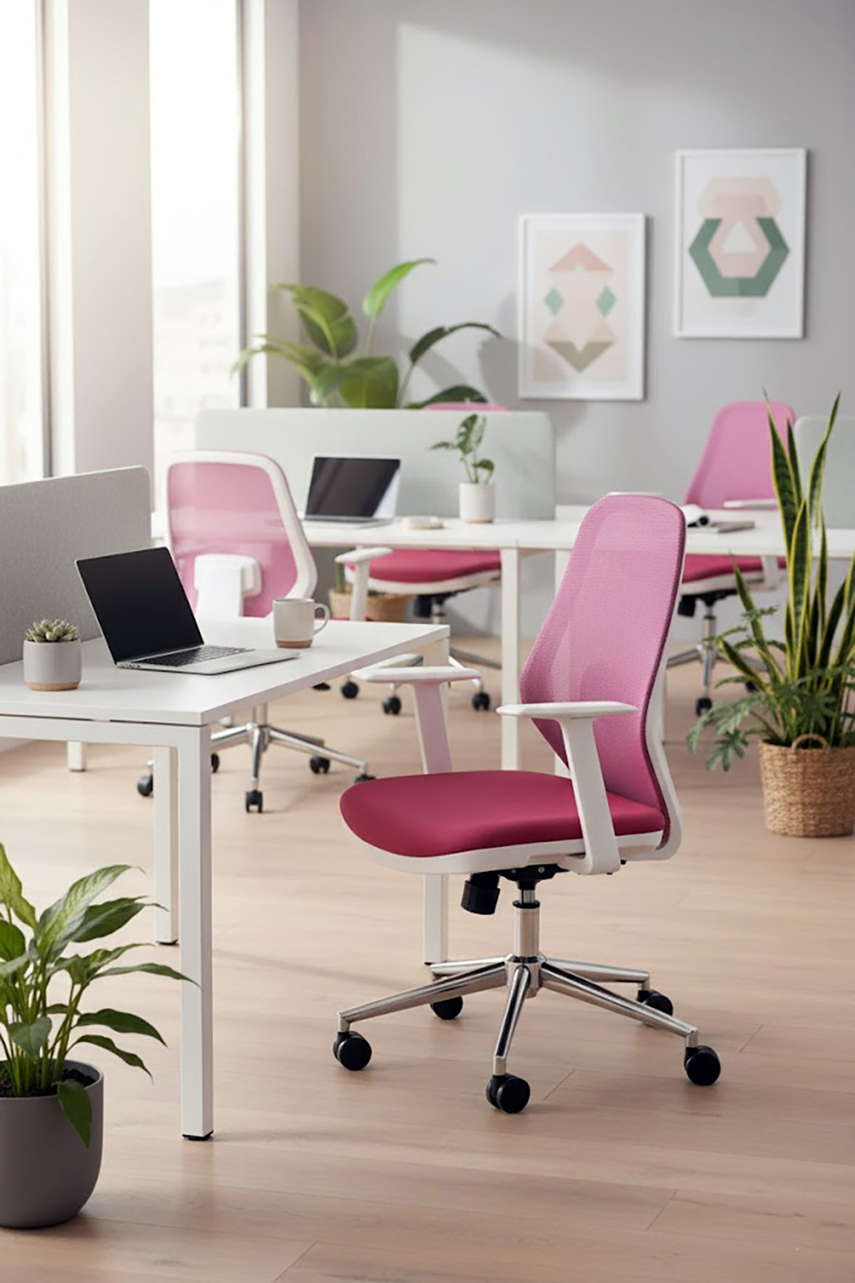 Ofisbazaar Dali Beyaz Fileli Çalışma Koltuğu | Ergonomik Şef ve Toplantı Koltuğu Pembe