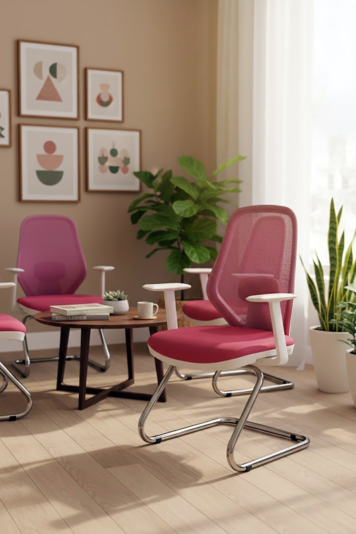 Ofisbazaar Dali Beyaz Fileli Misafir Koltuğu | Ergonomik Toplantı ve Bekleme Koltuğu Pembe