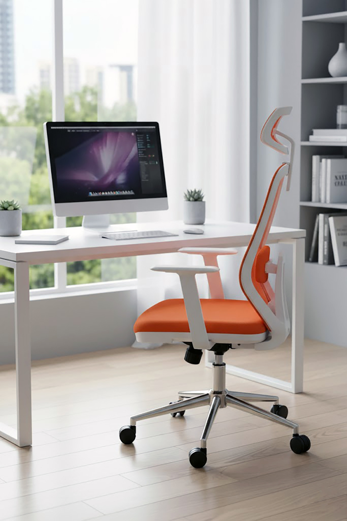 Ofisbazaar Dali Beyaz Fileli Yönetici Koltuğu | Ergonomik Başlıklı Ofis Koltuğu Turuncu
