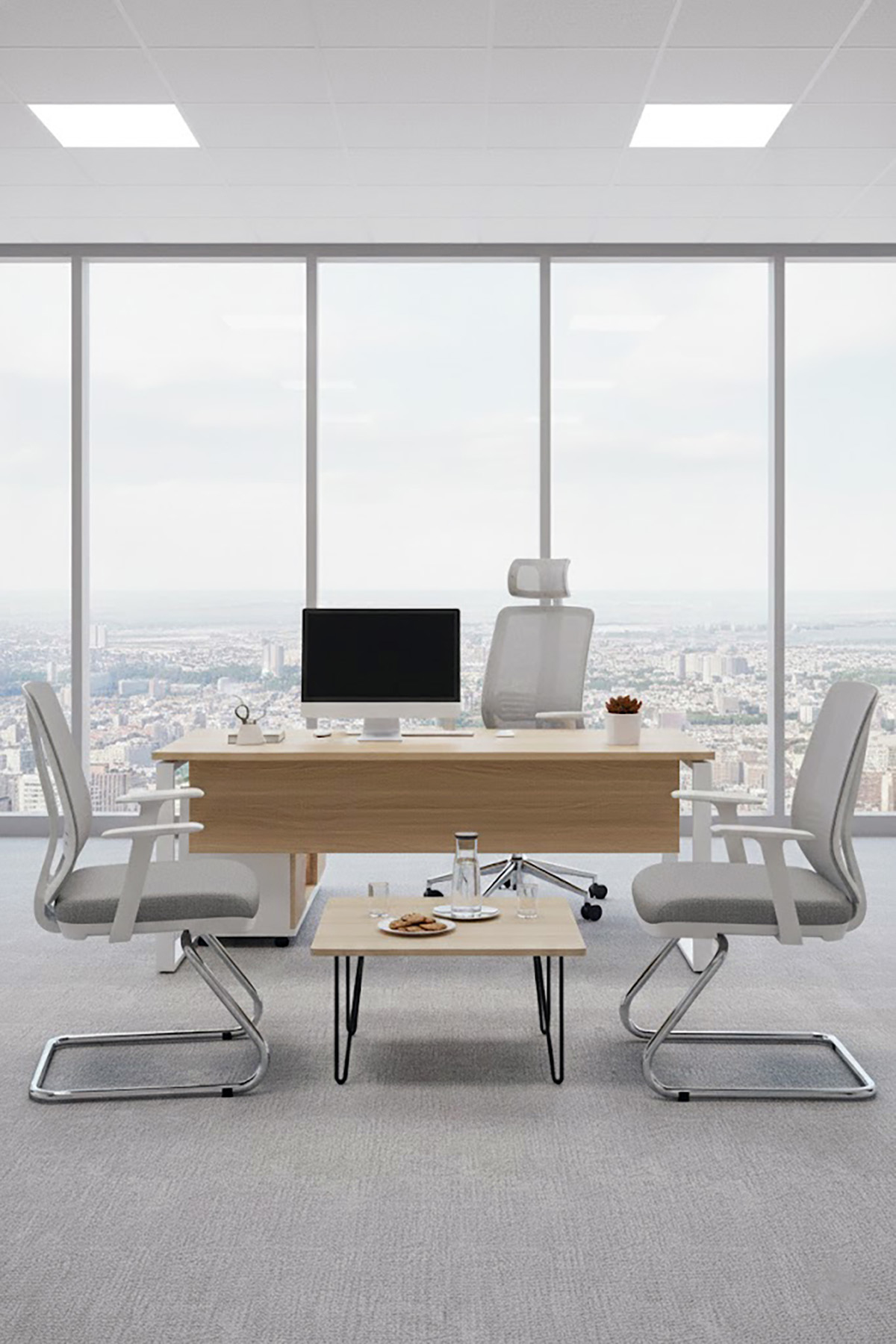 Ofisbazaar UP Beyaz Fileli Misafir Koltuğu | Ergonomik Toplantı ve Bekleme Koltuğu Gri 