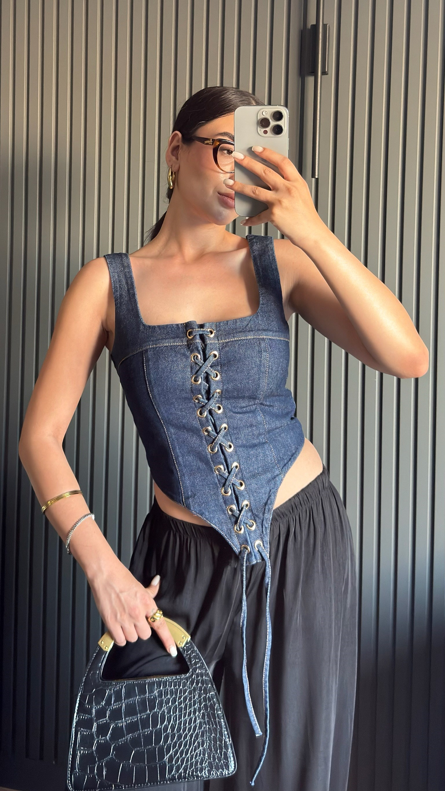 Denim Kuş Gözü Korse