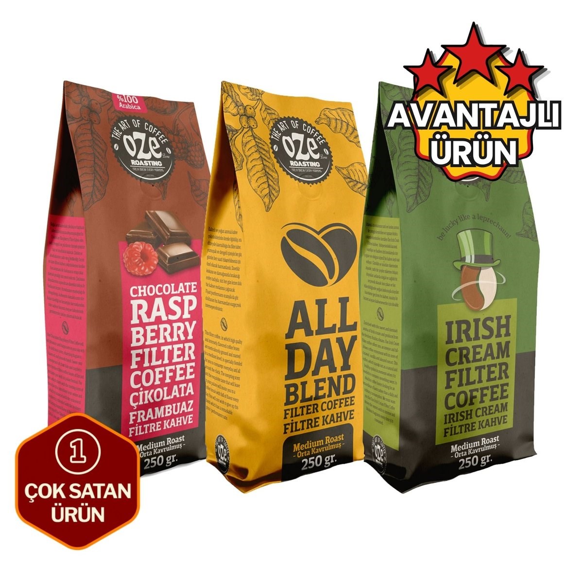 Aromalı Filtre Kahve Tanışma Seti 3 x 250 g (Çikolata Frambuaz, Irish Cream, All Day Blend)-Aromalı Filtre Kahveler