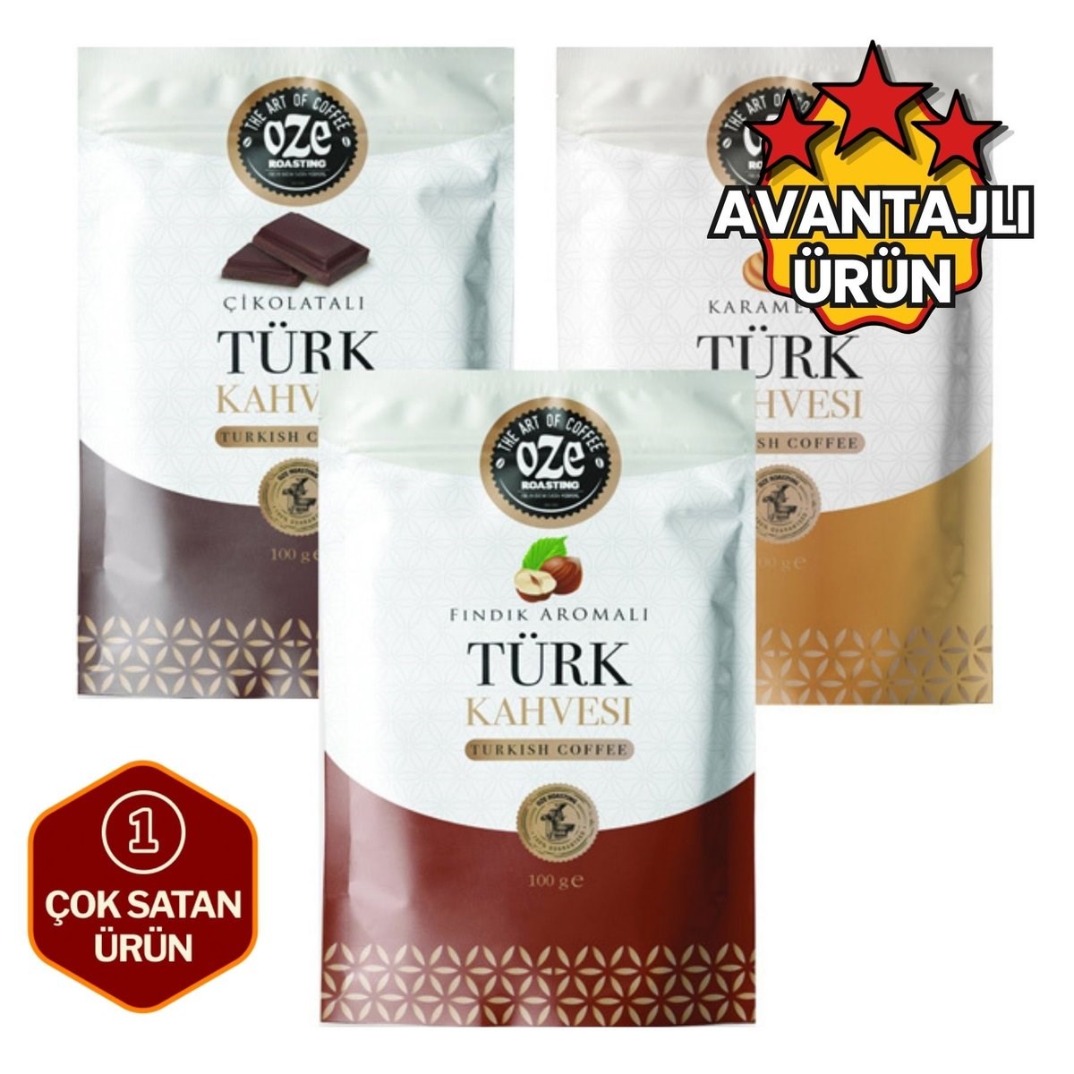 Aromalı Türk Kahvesi Tanışma Seti 3 x 100 g (Karamelli, Çikolatalı, Fındıklı)-Aromalı Türk Kahvesi