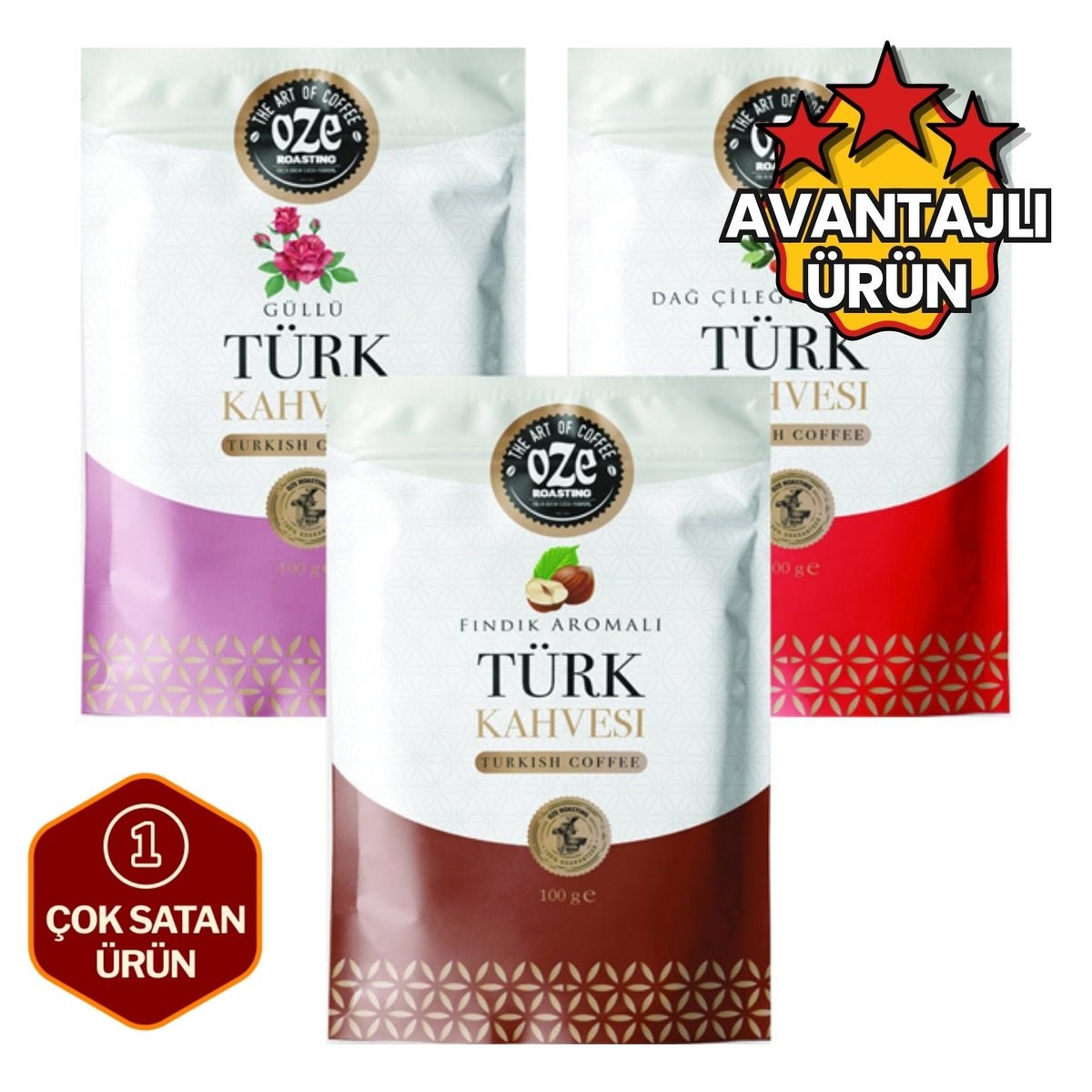 Aromalı Türk Kahvesi Tanışma Seti 3 x 100 g (Dağ Çilekli, Güllü, Fındıklı)-Aromalı Türk Kahvesi