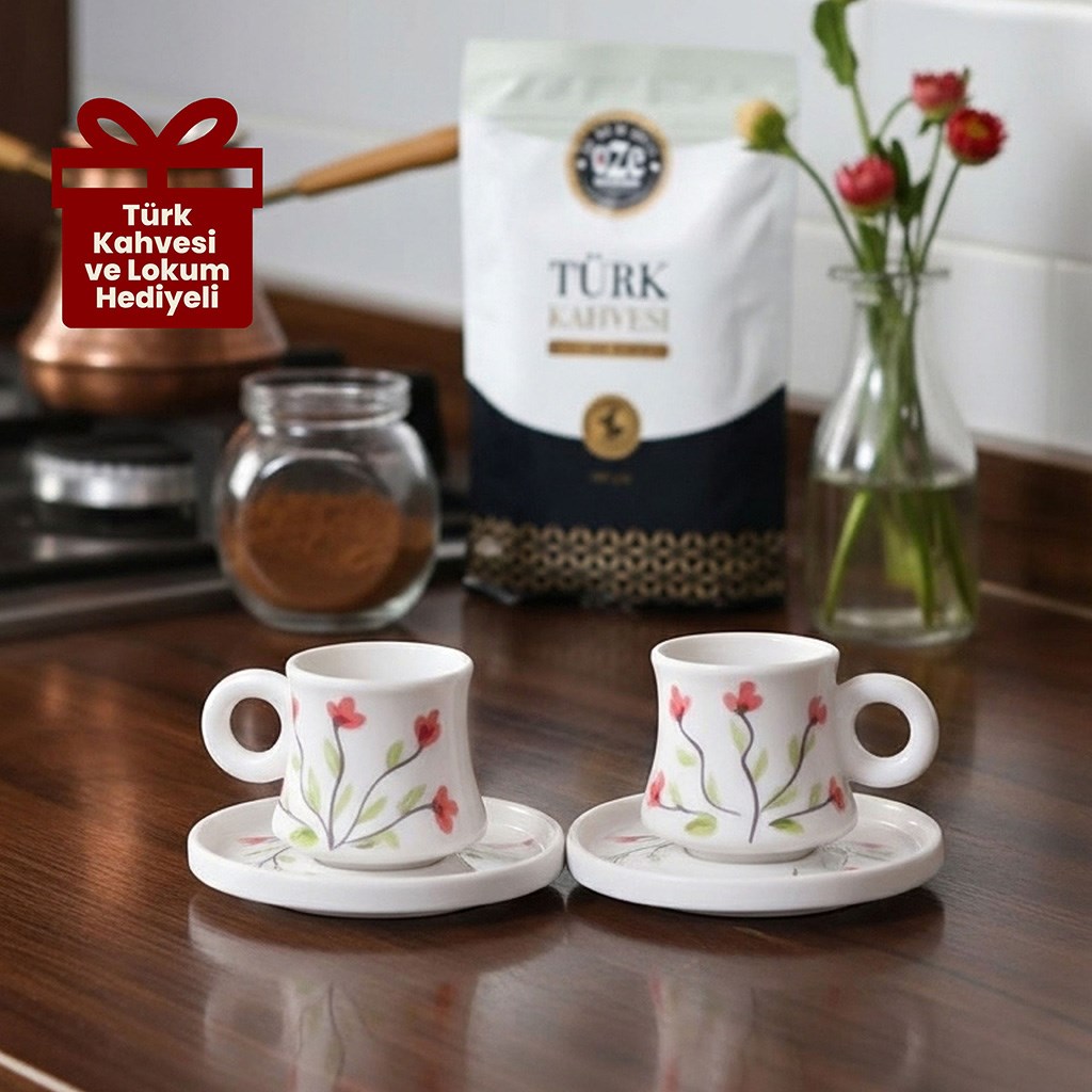 Oze Türk Kahvesi Fincan Seti – No: 05 Pembe Tasarım - 2'li Türk Kahvesi Fincanı, Türk Kahvesi ve Lokum-Türk Kahvesi Setleri